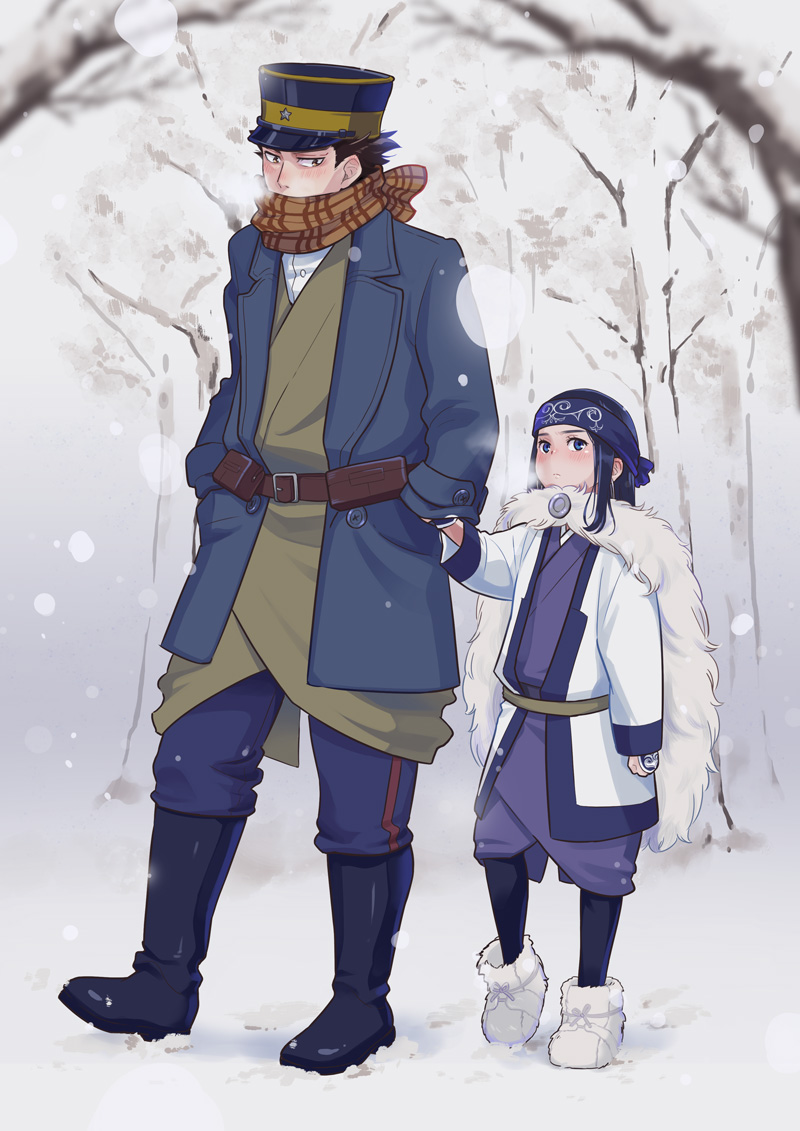 1girl ainu ainu_clothes asirpa bandana black_hair blue_eyes blush boots cape closed_eyes coat earrings facial_scar fingerless_gloves full_body fur_boots fur_cape gloves golden_kamuy hand_in_pocket hat height_difference holding_hands hoop_earrings jewelry leg_warmers makuri_hk peaked_cap scar scarf snow snowing sugimoto_saichi tree winter