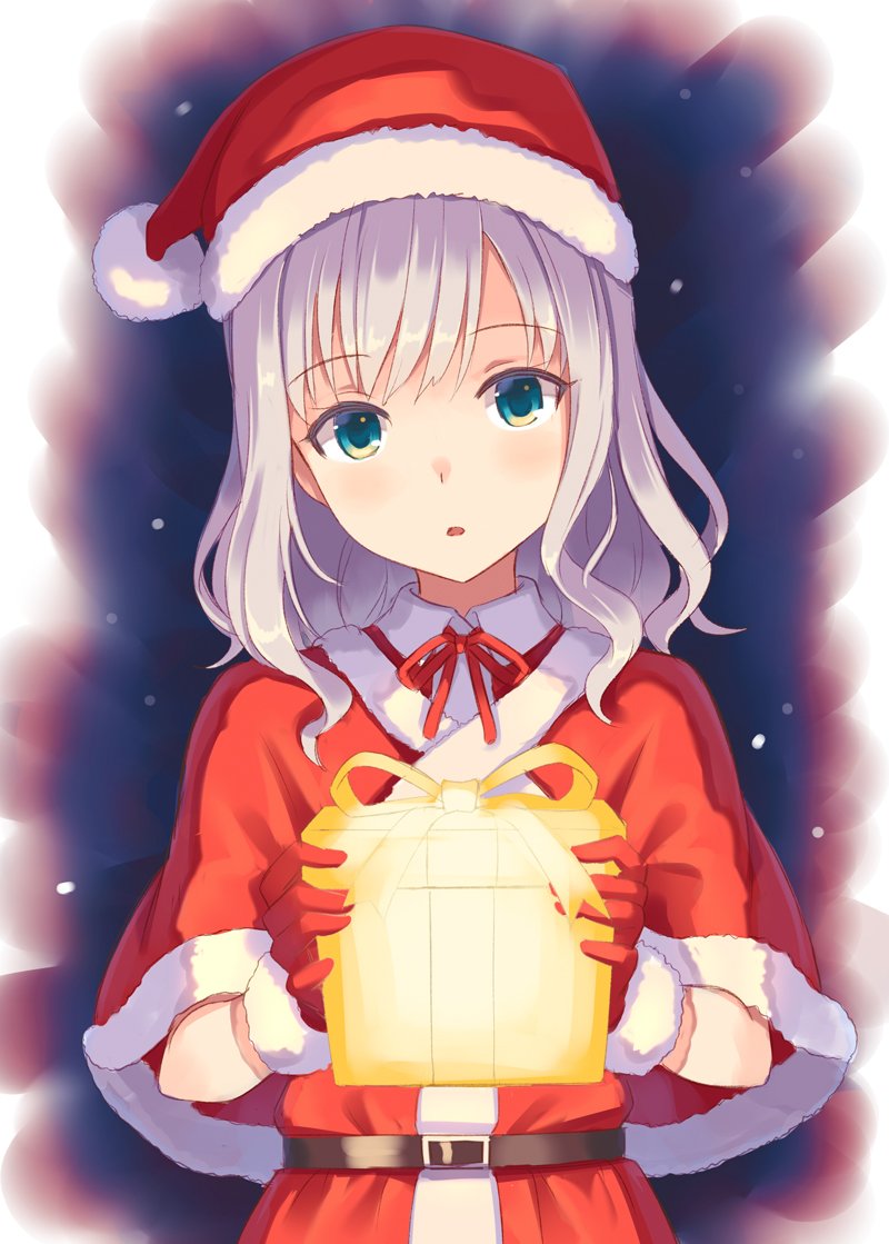 belt blush capelet christmas eyebrows_visible_through_hair gift gloves glowing green_eyes grey_hair hat holding holding_gift hyuuga_azuri looking_at_viewer medium_hair original parted_lips red_gloves red_hat santa_costume santa_hat snowing solo upper_body