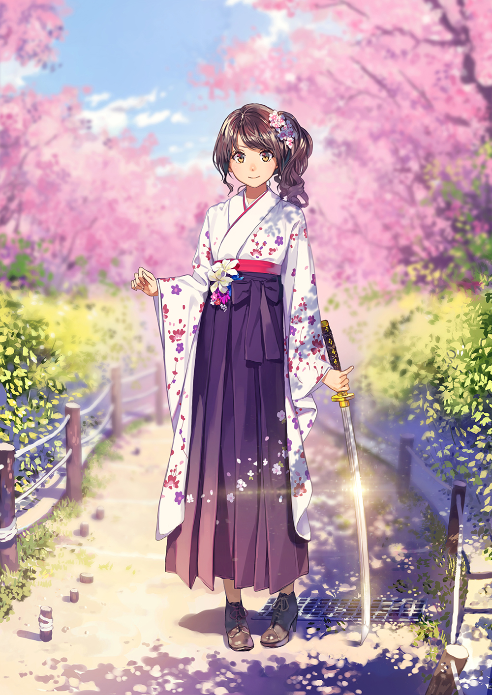 ankle_boots arm_at_side bangs blue_sky blush boots brown_footwear bush cherry_blossoms closed_mouth cloud commentary_request day english_commentary fence fingernails floral_print flower full_body glint hair_flower hair_ornament hakama hand_up high_heel_boots high_heels highres holding holding_sword holding_weapon japanese_clothes katana kimono lens_flare long_hair looking_at_viewer nose_blush original outdoors partial_commentary path pigeon-toed pink_flower plant print_kimono purple_hakama purple_ribbon ribbon road shadow shiny shiny_hair sidelocks sky smile solo spring_(season) standing sunlight swept_bangs sword tree v-shaped_eyebrows weapon white_flower white_kimono yohan12