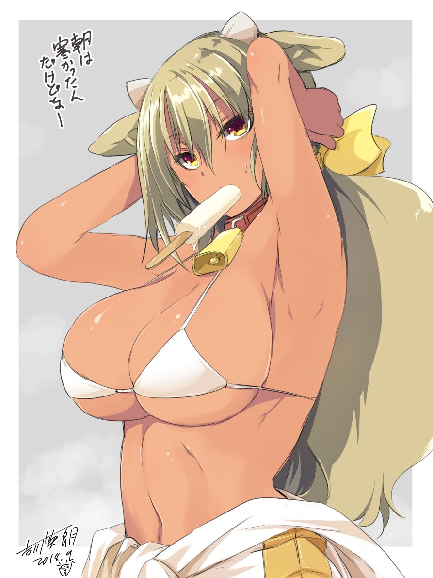animal_ears arms_behind_head bangs bell bell_collar bikini blonde_hair border bow breasts cleavage clothes_around_waist cloud collar commentary_request cow_bell cow_ears food food_in_mouth grey_background huge_breasts jacket_around_waist micro_bikini navel original outdoors popsicle sidelocks signature swimsuit translation_request white_border yellow_bow yellow_eyes yoshikawa_hideaki