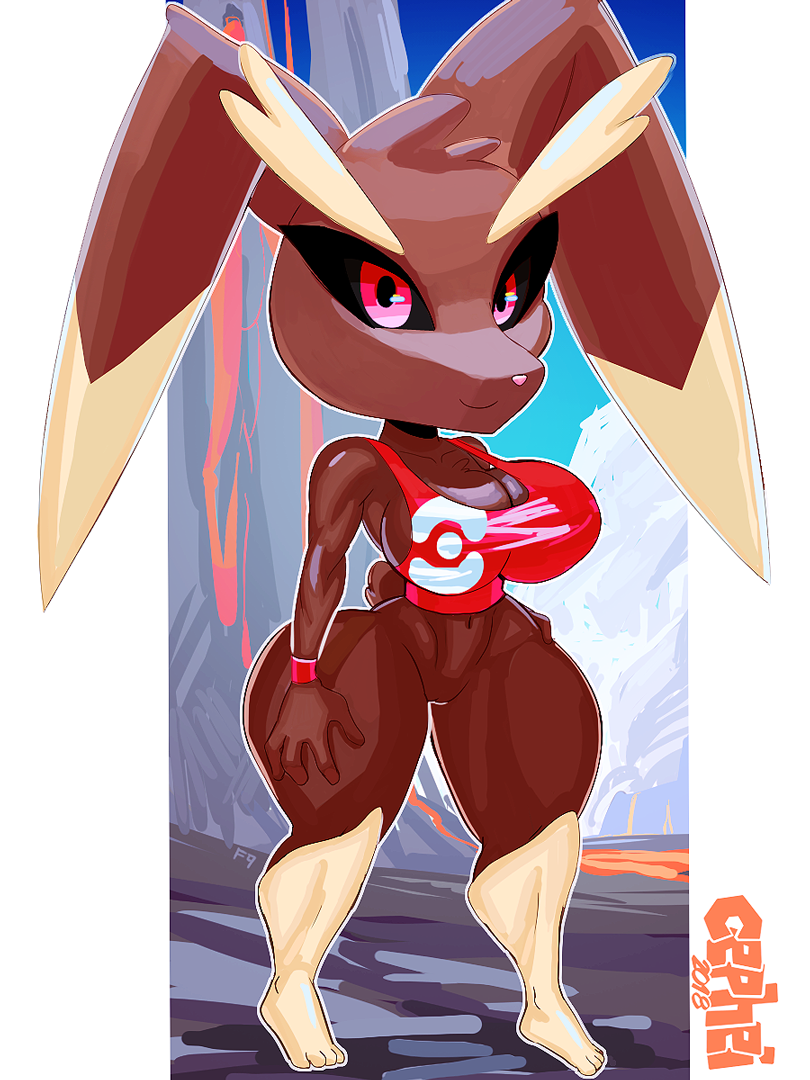 2018 anthro bald big_breasts bottomless bra breasts cephei clothed clothing crop_top detailed_background digital_media_(artwork) female fur hands_on_hips huge_breasts looking_at_viewer lopunny mammal navel nintendo outside pok&eacute;mon pok&eacute;mon_(species) pok&eacute;morph pussy shirt short_stack smile solo sports_bra standing thick_thighs underwear video_games wide_hips wristband