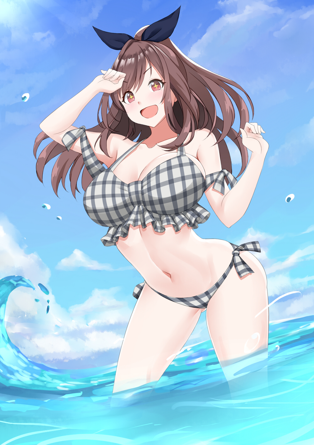 ass_visible_through_thighs bangs bare_shoulders bikini blue_bow blue_sky blush bow breasts brown_eyes brown_hair cleavage collarbone commentary day grey_bikini hair_bow highres hips idolmaster idolmaster_shiny_colors large_breasts long_hair looking_at_viewer navel ocean open_mouth plaid plaid_bikini ponytail sky smile solo star star-shaped_pupils surock swept_bangs swimsuit symbol-shaped_pupils thighs tsukioka_kogane water