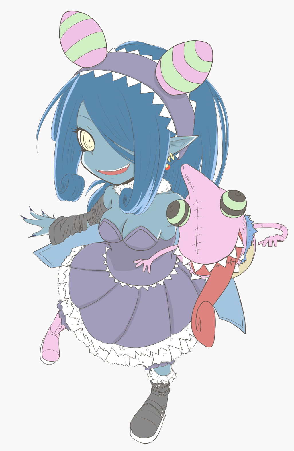1girl appmon artist_request bandai blue_hair breasts cleavage demon_girl digimon digimon_universe:_appli_monsters female full_body long_hair looking_at_viewer mienumon monster_girl pointy_ears smile solo succubus yellow_eyes