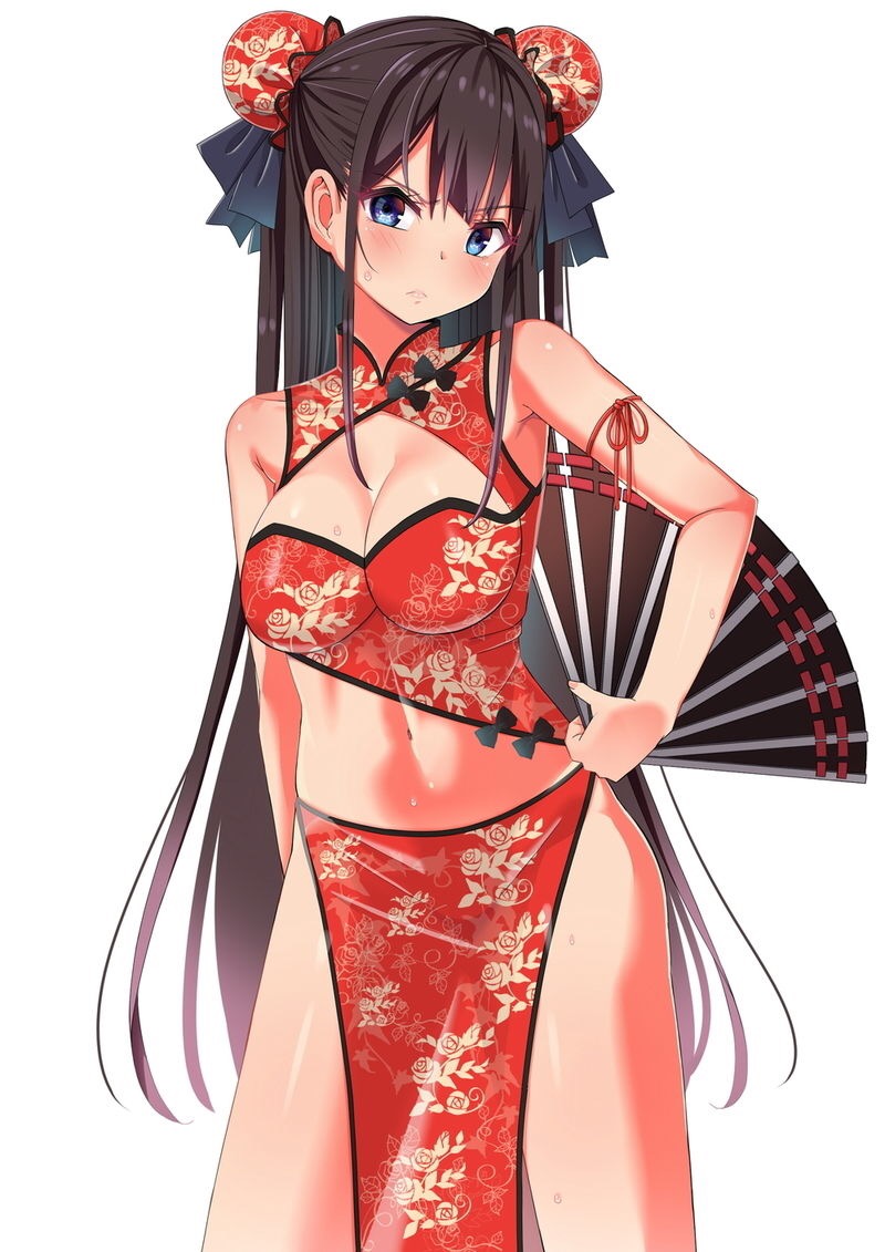 alternate_costume arm_ribbon bangs bare_shoulders black_bow black_hair blue_eyes blush bow breasts bun_cover china_dress chinese_clothes cleavage contrapposto double_bun dress fan folding_fan frown hair_bow head_tilt hino_shien large_breasts long_hair looking_at_viewer navel no_panties original pelvic_curtain red_dress revealing_clothes ribbon s_sasaki_09140 sidelocks solo sweat very_long_hair white_background