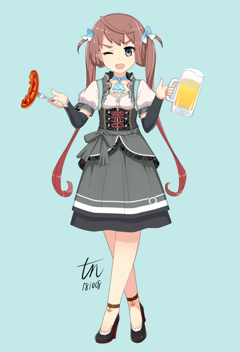 adapted_costume alcohol alternate_costume apron arm_warmers asagumo_(kantai_collection) ascot barmaid beer beer_mug blue_background brown_hair commentary_request corset cup dirndl food fork full_body german_clothes grey_skirt hair_between_eyes hair_ribbon holding holding_cup kantai_collection long_hair looking_at_viewer oktoberfest open_mouth puffy_short_sleeves puffy_sleeves ribbon sausage short_sleeves silver_eyes simple_background skirt smile solo standing tun twintails underbust waist_apron