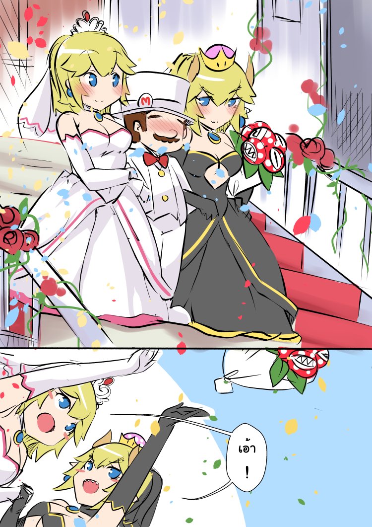 2girls alternate_costume bare_shoulders black_dress blonde_hair blue_earrings blue_eyes blush_stickers bouquet bowsette cleavage_cutout comic commentary crown dress faceless flower formal happy hat horns husband_and_wife long_hair mario mario_(series) multiple_girls new_super_mario_bros._u_deluxe outdoors pink_dress piranha_plant ponytail princess_peach sesield short_hair smile stairs strapless strapless_dress suit super_crown top_hat tossing wedding_dress white_hat white_suit