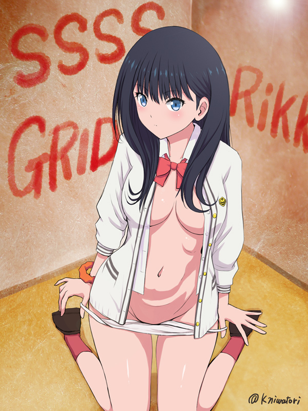 bangs black_hair blue_eyes blush breasts breasts_apart closed_mouth commentary_request eyebrows_visible_through_hair kneeling large_breasts long_hair looking_at_viewer navel niwatori_kokezou open_clothes open_shirt panties panty_pull shiny shiny_hair shiny_skin shirt solo ssss.gridman takarada_rikka underwear white_panties white_shirt