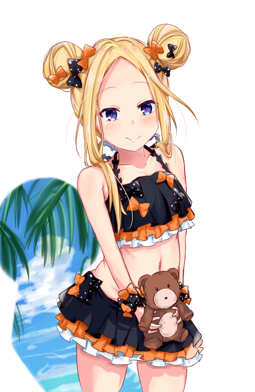 abigail_williams_(fate/grand_order) bangs bare_shoulders bikini black_bikini black_bow blonde_hair blue_eyes blush bow breasts closed_mouth collarbone commentary_request double_bun emerald_float fate/grand_order fate_(series) forehead frilled_bikini frills hair_bow highres holding holding_stuffed_animal kire_(hayagu) long_hair looking_at_viewer navel orange_bow parted_bangs polka_dot polka_dot_bow small_breasts smile solo stuffed_animal stuffed_toy swimsuit teddy_bear thighs