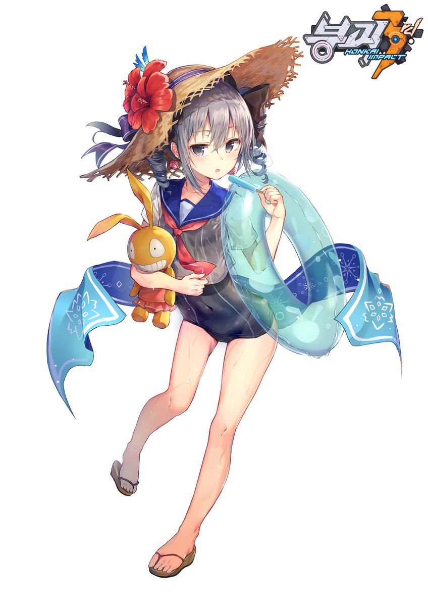 1girl bangs benghuai_xueyuan bronya_zaychik covered_navel drill_hair earrings flower food full_body grey_eyes grey_hair hat hat_flower hat_ribbon highres holding honkai_impact huwali_(dnwls3010) innertube jewelry looking_at_viewer one-piece_swimsuit open_mouth popsicle ribbon sailor_collar sandals school_swimsuit shirt short_sleeves solo straw_hat stuffed_animal stuffed_toy swimsuit swimsuit_under_clothes towel twin_drills wet wet_clothes wet_shirt