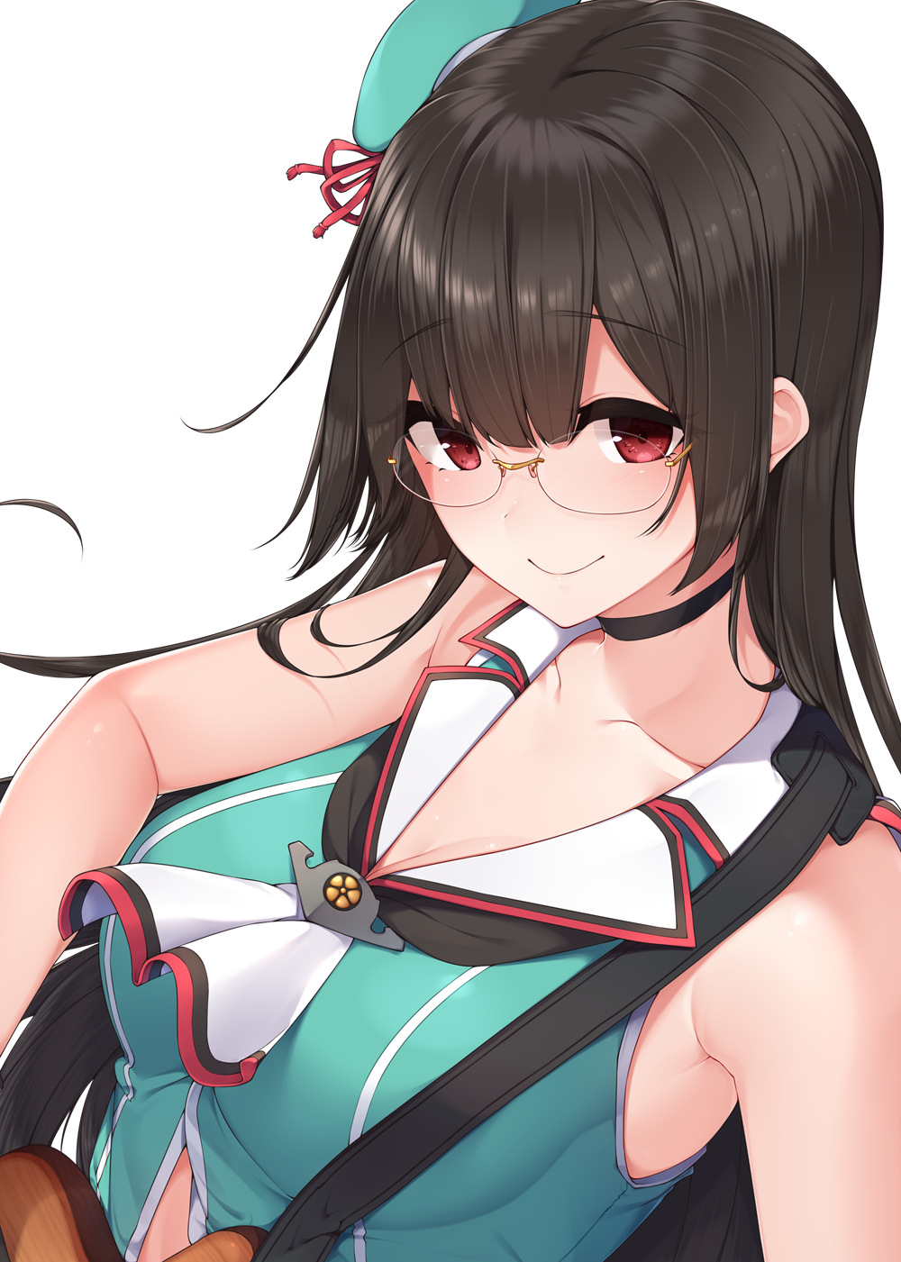 aqua_hat aqua_shirt bangs bare_arms bare_shoulders black_choker black_hair black_neckwear blunt_bangs bow breasts choker choukai_(kantai_collection) cleavage closed_mouth collarbone crop_top crop_top_overhang double_vertical_stripe eyebrows_visible_through_hair glasses guitar hat highres hime_cut instrument kantai_collection long_hair looking_at_viewer medium_breasts red_bow red_eyes rimless_eyewear round_eyewear sailor_collar school_uniform serafuku shiny shiny_hair shiny_skin shirt simple_background sleeveless sleeveless_shirt smile solo straight_hair upper_body white_background white_sailor_collar yukichi_(sukiyaki39)