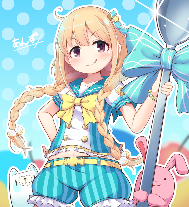 belt blonde_hair blush bow bracelet braid character_name closed_mouth collarbone eyebrows_visible_through_hair futaba_anzu idolmaster idolmaster_cinderella_girls jewelry looking_at_viewer navel qixi_cui_xing short_sleeves smile solo tongue tongue_out twin_braids yellow_bow