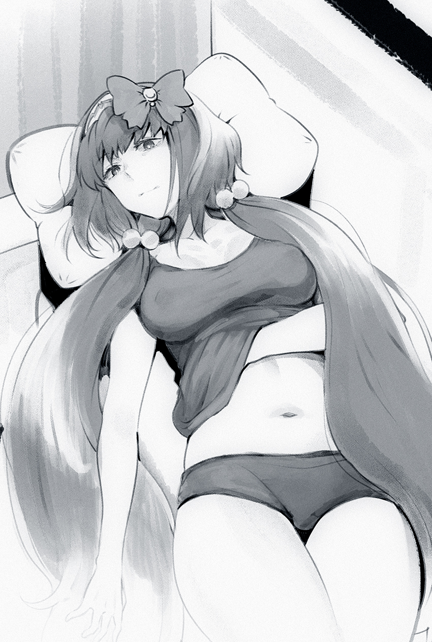 breasts couch fate_(series) hair_bobbles hair_ornament hair_ribbon hairband highres large_breasts long_hair looking_at_viewer low_twintails lying midriff monochrome navel on_back on_couch osakabe-hime_(fate/grand_order) panties pillow puyo ribbon solo tank_top twintails underwear very_long_hair