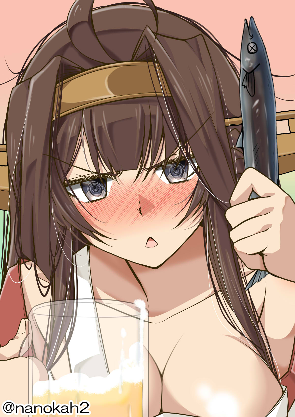 @_@ ahoge alcohol apron beer beer_mug blush breasts brown_hair chestnut_mouth cleavage close-up collarbone double_bun drunk fish hairband headgear highres kantai_collection kongou_(kantai_collection) large_breasts long_hair nanokah2 nose_blush pink_background saury solo twitter_username white_apron