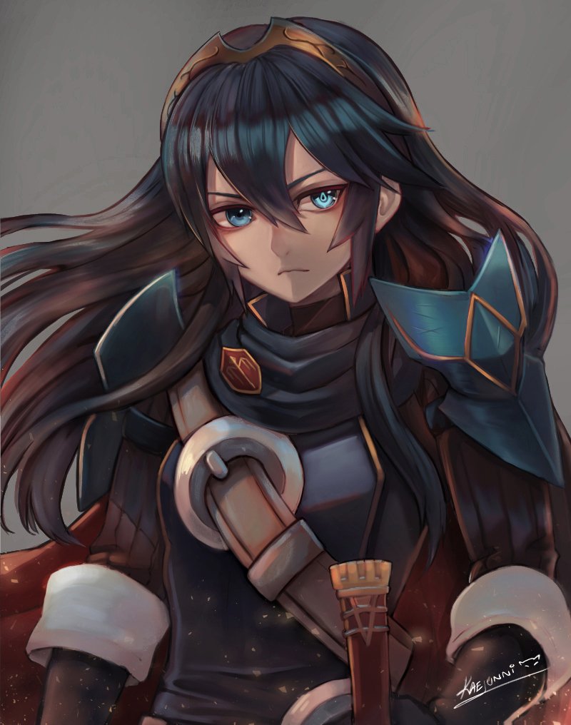 blue_eyes blue_hair cape commentary ears english_commentary falchion_(fire_emblem) fire_emblem fire_emblem:_kakusei fire_emblem_heroes frown glowing glowing_eye hair_between_eyes kaejunni long_hair looking_to_the_side lucina pauldrons ribbed_sweater scarf serious shoulder_armor strap sweater sword tiara weapon