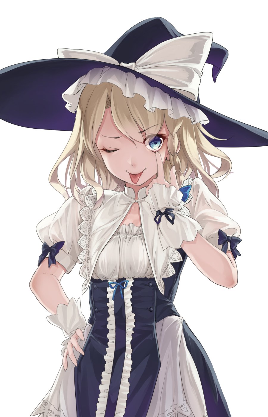 &gt;:) :p ;) akanbe bangs black_bow black_hat black_ribbon blonde_hair blue_bow blue_eyes blue_ribbon bow braid center_frills commentary_request cowboy_shot dress eyebrows_visible_through_hair frills hair_between_eyes hair_bow hand_on_hip hand_up hat hat_bow highres index_finger_raised kirisame_marisa looking_at_viewer one_eye_closed puffy_short_sleeves puffy_sleeves ribbon short_sleeves simple_background single_braid smile solo standing tongue tongue_out touhou usotsuki_penta v-shaped_eyebrows white_background white_bow white_dress witch_hat wrist_cuffs