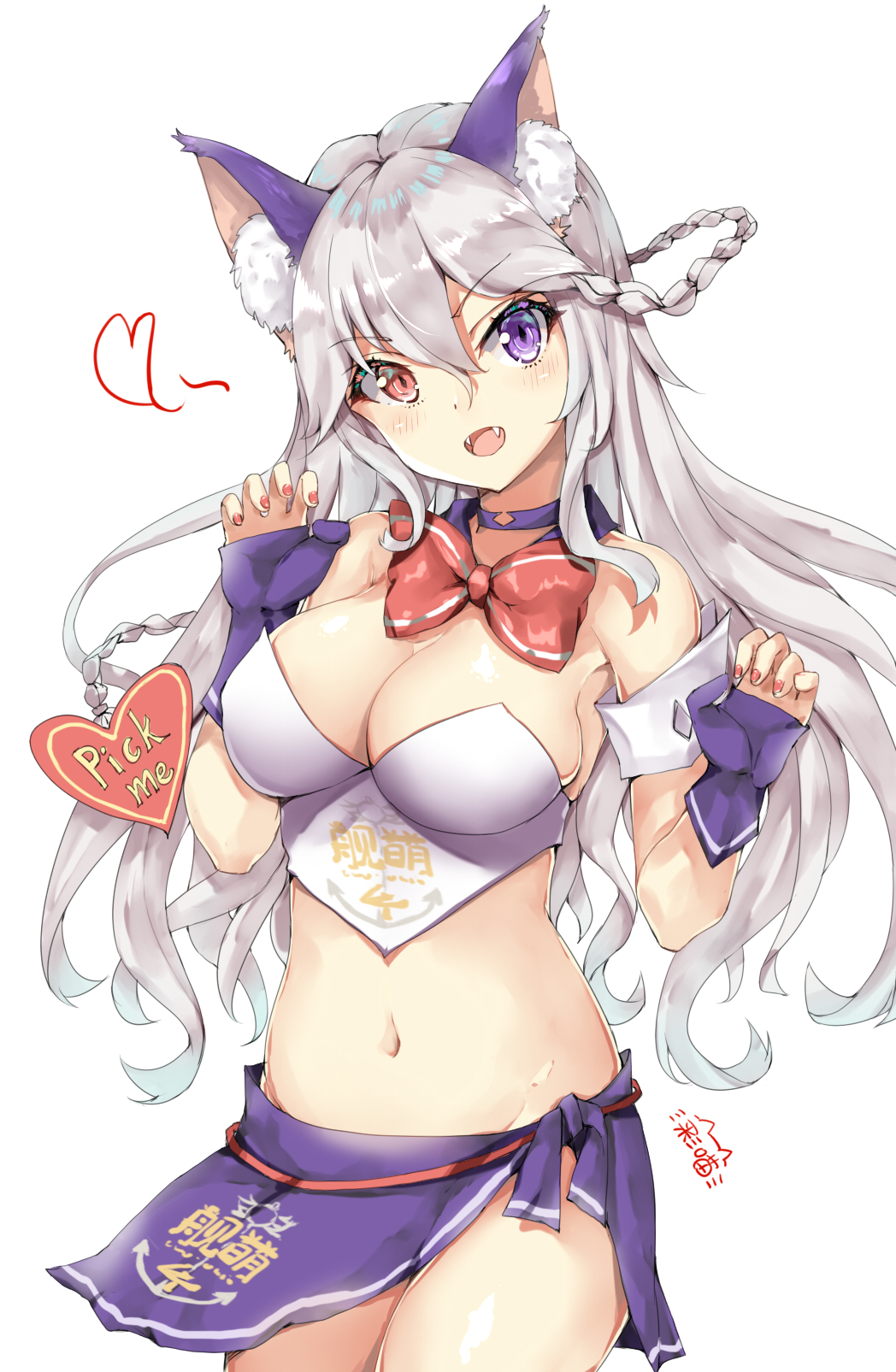 :d animal_ear_fluff animal_ears bangs bare_shoulders blush braid breasts cleavage commentary_request crop_top english eyebrows_visible_through_hair fangs fingernails gloves groin hair_between_eyes hands_up head_tilt heart heterochromia highres long_hair looking_at_viewer medium_breasts midriff nail_polish navel open_mouth partly_fingerless_gloves purple_eyes purple_gloves purple_skirt red_eyes red_nails silver_hair simple_background sirius_(zhan_jian_shao_nyu) skirt smile solo twin_braids very_long_hair white_background zhan_jian_shao_nyu zhudacaimiao
