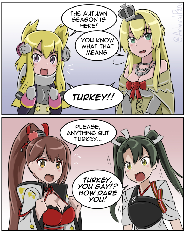 admiral_paru angry azur_lane blonde_hair blue_eyes colorized comic commentary crossover kantai_collection namesake ponytail purple_eyes shared_speech_bubble speech_bubble twintails upper_body warspite_(azur_lane) warspite_(kantai_collection) yellow_eyes zuikaku_(azur_lane) zuikaku_(kantai_collection)