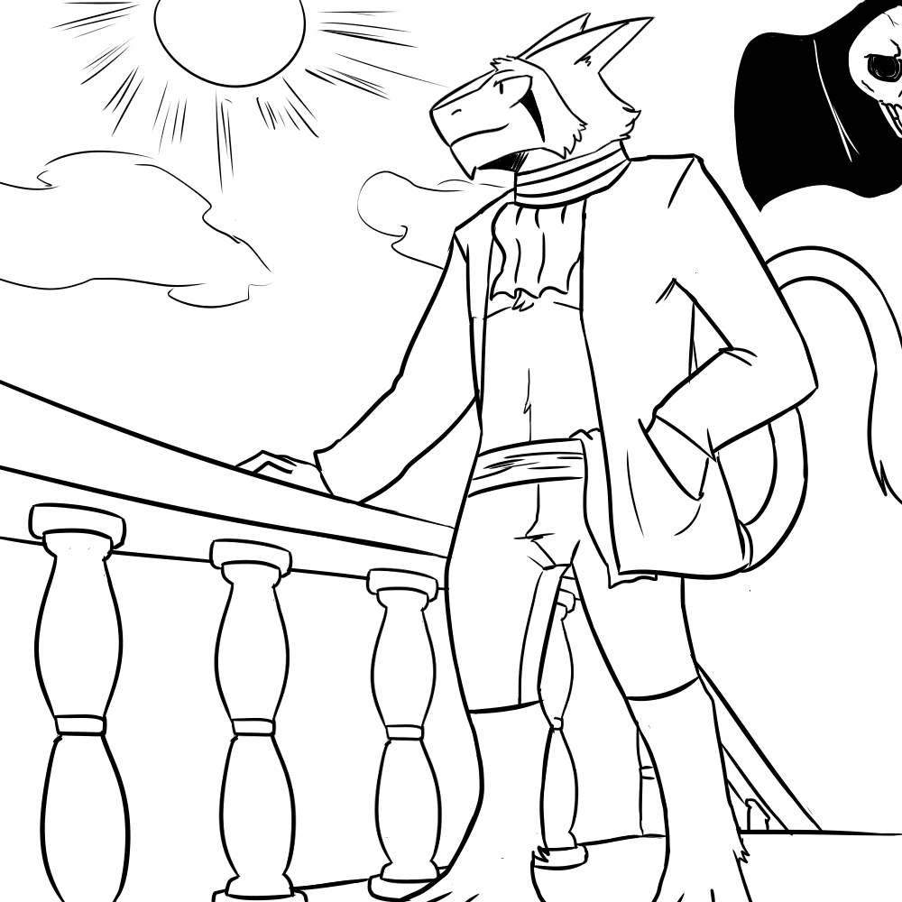 2018 black_and_white boat clothed clothing digital_media_(artwork) flag gold_(metal) gold_jewelry jewelry jorm male mammal markings monochrome outside pirate rail sergal ship simple_background sky smile solo standing vehicle