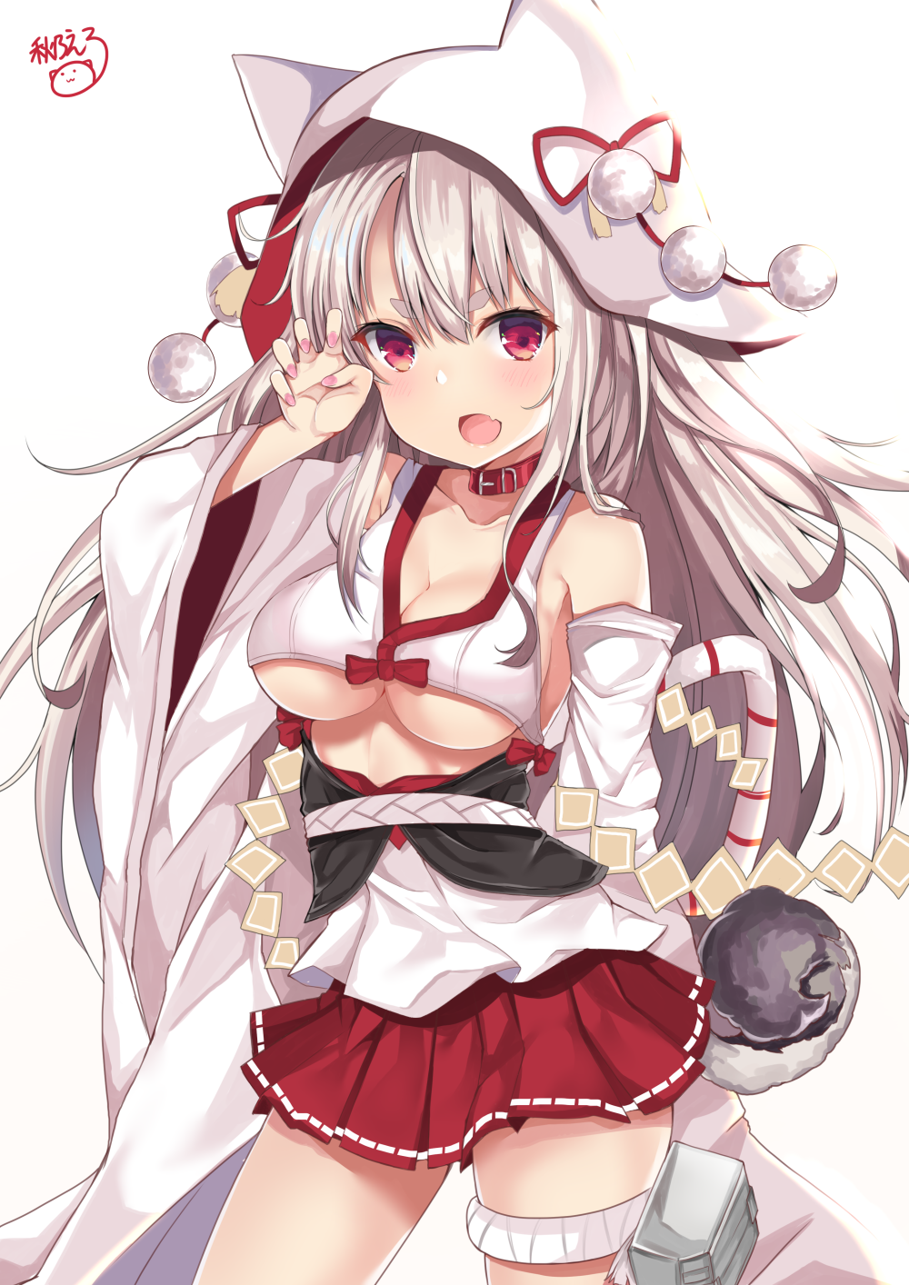 :d animal_ears animal_hood arm_up azur_lane bangs bare_shoulders blush breasts claw_pose cleavage collarbone commentary cowboy_shot detached_sleeves eyebrows_visible_through_hair fang fingernails hair_between_eyes highres hood large_breasts long_hair long_sleeves nail_polish noeru_(gt17854) open_mouth pink_nails pleated_skirt red_collar red_eyes red_skirt silver_hair simple_background skirt smile solo tail underboob very_long_hair white_background wide_sleeves wolf_ears wolf_girl wolf_hood wolf_tail yuudachi_(azur_lane)