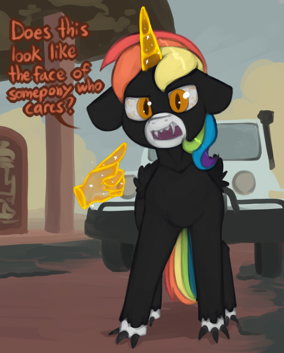 car english_text equine fan_character hair horn looking_at_viewer male mammal marsminer monster my_little_pony orange_eyes rainbow solo teeth text unicorn vehicle