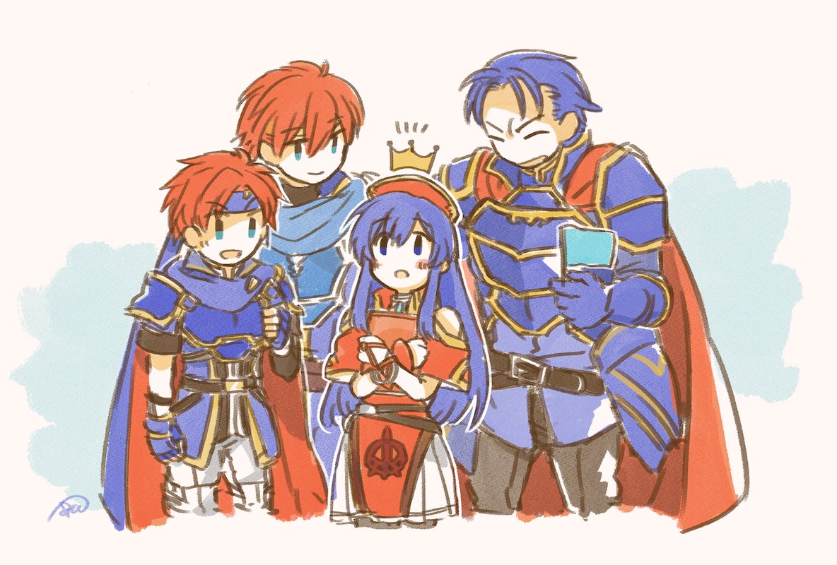 armor blue_eyes blue_hair cape couple dress eliwood_(fire_emblem) father_and_daughter father_and_son fire_emblem fire_emblem:_fuuin_no_tsurugi fire_emblem:_rekka_no_ken fire_emblem_heroes hat headband hector_(fire_emblem) lilina long_hair murabito_ba red_eyes red_hair roy_(fire_emblem) short_hair simple_background smile