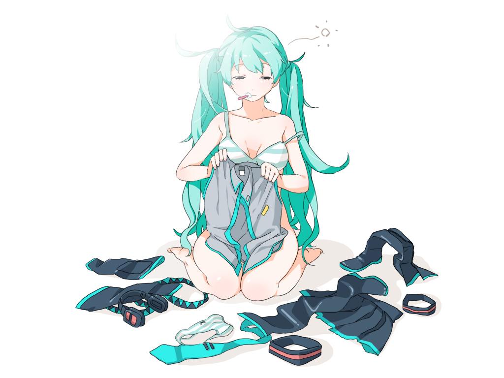 bare_arms bare_legs bare_shoulders barefoot black_footwear blue_hair blue_neckwear boots boots_removed bra breasts brushing_teeth clothes_removed covering detached_sleeves doushimasho dressing expressionless eyebrows_visible_through_hair fingernails full_body half-closed_eyes hatsune_miku headset horizontal_stripes long_hair necktie no_panties nude nude_cover panties seiza shadow simple_background sitting skirt sleepy solo striped sun thigh_boots thighhighs toothbrush twintails underwear very_long_hair vocaloid white_background