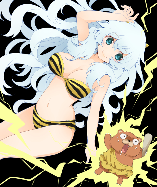 animal_print aqua_eyes arm_up artemis_(fate/grand_order) bangs bare_arms bare_shoulders bikini black_background closed_mouth club commentary_request constricted_pupils cosplay cosplay_request crossover curly_hair drooling eyebrows_visible_through_hair fate/grand_order fate_(series) hair_between_eyes holding_club light_blue_hair long_hair looking_at_viewer lum lum_(cosplay) navel oni oni_horns orion_(fate/grand_order) print_bikini simple_background sketch_eyebrows smile strapless strapless_bikini stuffed_animal stuffed_toy swimsuit tamaoka_kagari tareme teddy_bear tiger_print urusei_yatsura very_long_hair weapon