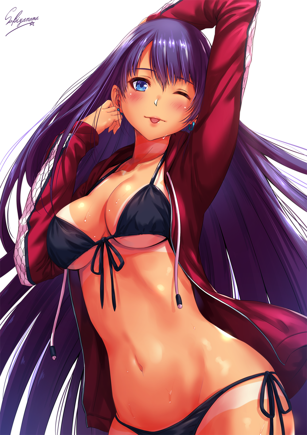 ;p arm_up bangs bikini bikini_tan black_bikini blue_eyes blue_sky blush breasts choker cleavage cloud collarbone commentary_request cowboy_shot cross earrings evening fate/grand_order fate_(series) front-tie_bikini front-tie_top groin hand_in_hair hand_on_own_head head_tilt highres hips jacket jewelry large_breasts long_hair looking_at_viewer navel one_eye_closed open_clothes open_jacket purple_hair red_jacket saint_martha saint_martha_(swimsuit_ruler)_(fate) sakiyamama side-tie_bikini sidelocks signature simple_background sky smile solo stomach swimsuit tan tanline toned tongue tongue_out white_background