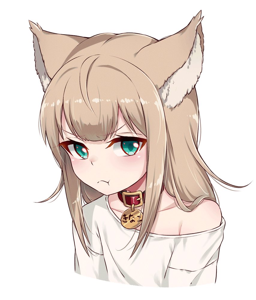 &gt;:( 40hara :t ahoge animal_ears aqua_eyes blonde_hair cat_ears closed_mouth collar collarbone dog_collar frown long_hair looking_at_viewer off_shoulder original pout shirt simple_background solo translated tsurime upper_body v-shaped_eyebrows white_background white_shirt