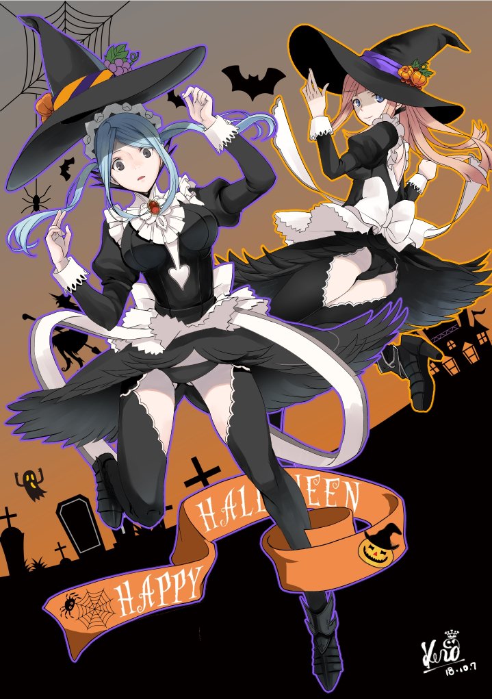animal apron bat blue_eyes blue_hair felicia_(fire_emblem_if) fire_emblem fire_emblem_heroes fire_emblem_if flora_(fire_emblem_if) halloween halloween_costume hat high_heels kero_sweet looking_at_viewer maid maid_apron maid_dress multiple_girls pink_hair smile witch_hat