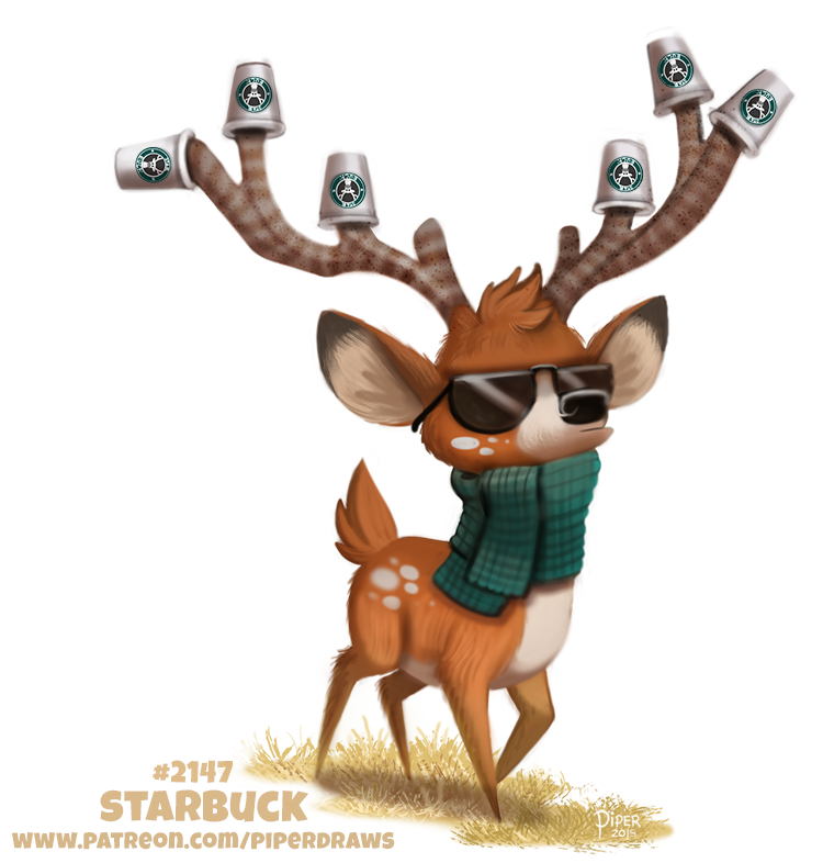2018 antlers black_fur brown_fur cervine cryptid-creations cup eyewear feral fur grass horn humor male mammal pun scarf simple_background solo starbucks sunglasses white_background white_fur