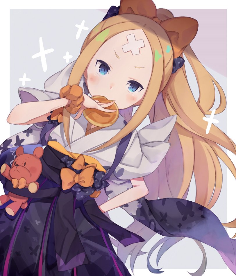 abigail_williams_(fate/grand_order) animal_print arm_behind_back bandaid bandaid_on_face bandaid_on_forehead blonde_hair blue_eyes blush bow butterfly_print commentary_request cowboy_shot dutch_angle fate/grand_order fate_(series) food food_in_mouth forehead hair_bow japanese_clothes kimono long_hair looking_at_viewer mouth_hold orange_bow pancake polka_dot polka_dot_bow ponytail sash scrunchie short_sleeves sidelocks solo stuffed_animal stuffed_toy teddy_bear totatokeke two-tone_background wrist_scrunchie