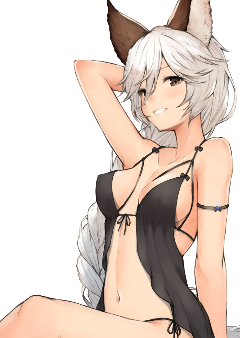 arm_strap arm_support arm_up babydoll backless_outfit bangs bare_legs bare_shoulders black_panties blush braid breasts cat_ears collarbone covered_nipples erune eyebrows_visible_through_hair granblue_fantasy hair_between_eyes hair_intakes heles koretsuki_azuma long_braid long_hair looking_at_viewer medium_breasts navel panties parted_lips side-tie_panties sideboob silver_hair simple_background single_braid sleepwear thighs underwear very_long_hair white_background yellow_eyes