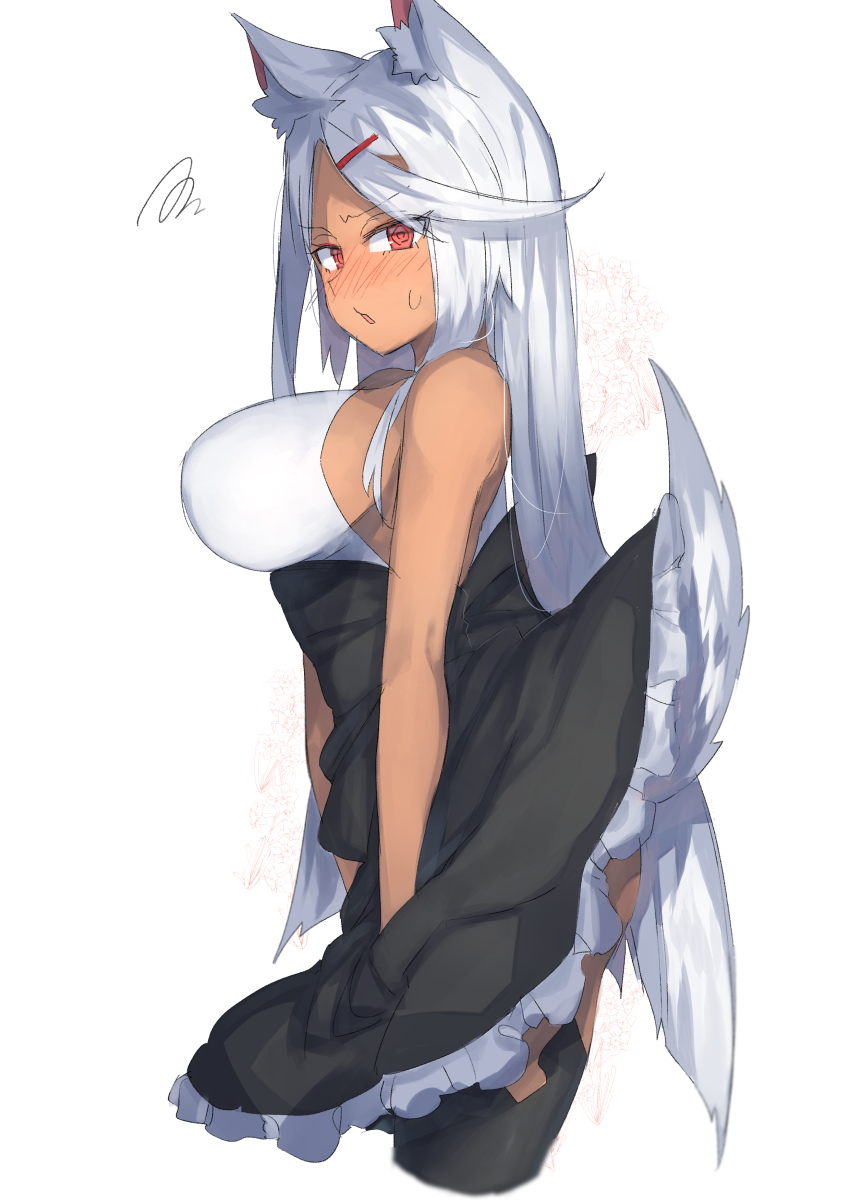 animal_ear_fluff animal_ears ass bare_arms bare_shoulders black_legwear black_skirt blush breasts commentary_request cowboy_shot cropped_legs dark_skin eyebrows_visible_through_hair forehead hair_ornament hairclip highres kasuka_(kusuki) large_breasts looking_at_viewer nose_blush original parted_lips petticoat red_eyes shirt silver_hair simple_background skirt sleeveless sleeveless_shirt solo standing sweat tail thighhighs thighs white_background white_shirt wolf_ears wolf_tail