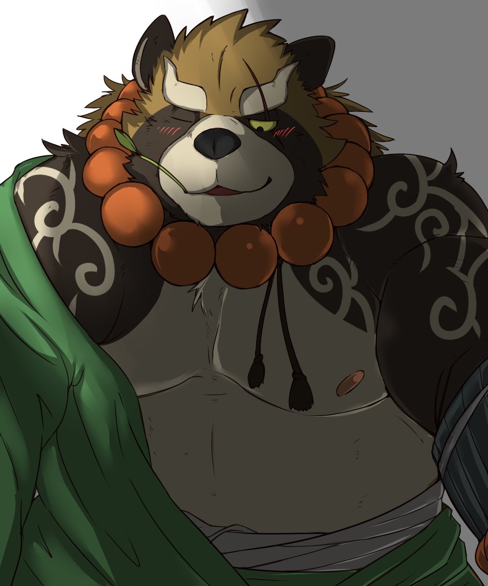 2018 anthro azaki_inuyama belly blush brown_fur canine clothing fur gyobu leaf male mammal moobs nipples one_eye_closed overweight overweight_male robe scar simple_background tanuki tattoo tokyo_afterschool_summoners wink