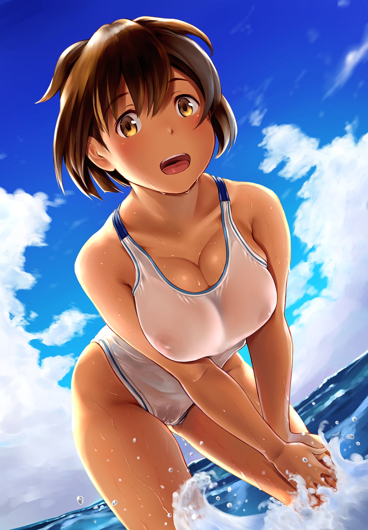 beach blush breasts brown_eyes brown_hair cleavage cloud collarbone day dutch_angle highres hiryuu_(kantai_collection) inverted_nipples kantai_collection large_breasts leaning_forward looking_at_viewer ocean open_mouth outdoors pubic_hair see-through short_hair side_ponytail sky solo splashing standing swimsuit tan wa_(genryusui) wading wet wet_clothes wet_swimsuit white_swimsuit