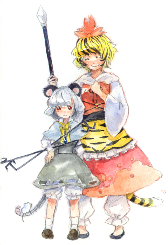 animal_ears bishamonten's_spear blonde_hair dowsing_rod gogo/tad grey_hair hair_ornament jewelry kemonomimi_mode mouse mouse_ears mouse_tail multiple_girls nazrin pendant polearm short_hair smile spear tail tiger_tail toramaru_shou touhou traditional_media watercolor_(medium) weapon