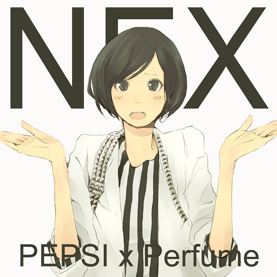 :o bad_id bad_pixiv_id black_eyes black_hair blush bob_cut earrings grey_eyes group_name jacket jewelry music neck nocchi_(perfume) open_mouth pepsi pepsi_nex pepsixperfume perfume short_hair shrug singing sleeves_pushed_up solo striped studs text_focus upper_body upper_teeth yoshito