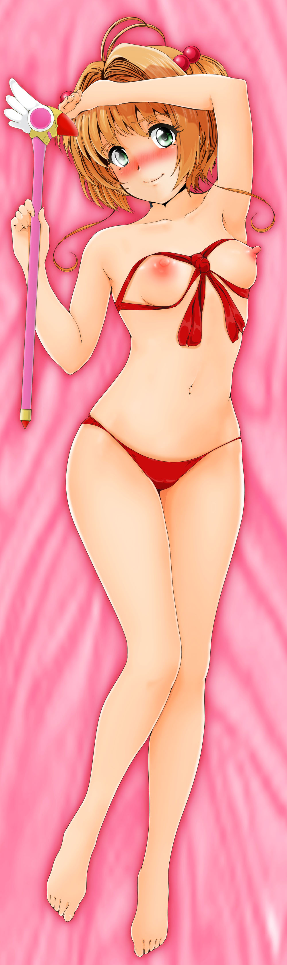 absurdres antenna_hair arm_up armpits bangs barefoot bed_sheet blush bow bra breasts cardcaptor_sakura closed_mouth commentary cupless_bra dakimakura eyebrows_visible_through_hair from_above full_body fuuin_no_tsue hair_bow highres holding kinomoto_sakura looking_at_viewer lying nanashi_noiji navel nipples on_back on_bed panties red_bra red_panties ribbon_bra short_hair skindentation small_breasts smile solo underwear underwear_only valentine