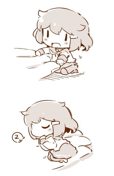 2koma chibi comic fingers hair_ornament hairclip hanomido ikazuchi_(kantai_collection) kantai_collection minigirl monochrome pleated_skirt school_uniform serafuku short_hair skirt sleeping smile zzz |_|