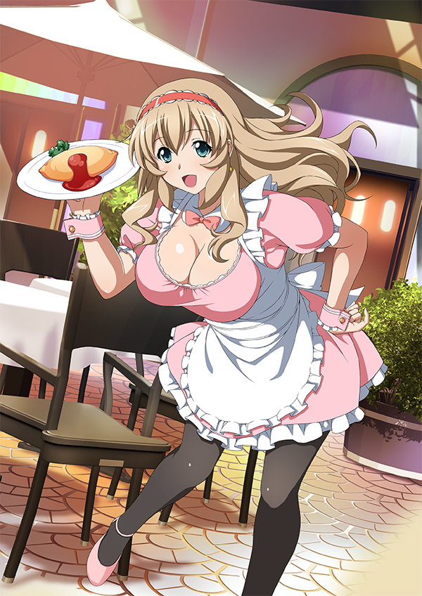1girl blue_eyes breasts brown_hair cleavage hairband ikkitousen large_breasts leaning_forward long_hair open_mouth smile solo sonken_chuubou standing tagme