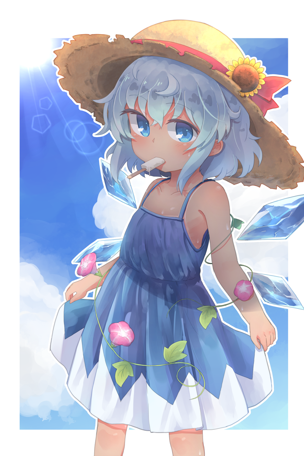 adapted_costume bare_arms bare_shoulders blue_dress blue_eyes blue_hair blue_sky blush cirno cloud collarbone day dress eyebrows_visible_through_hair flat_chest flower food hat hat_flower hat_ribbon highres ice ice_cream ice_wings kibisake lens_flare melting morning_glory mouth_hold outline outside_border red_ribbon ribbon short_hair skirt_hold sky sleeveless sleeveless_dress solo standing straw_hat sun sun_hat sunflower sweat tan tanline tanned_cirno touhou wings