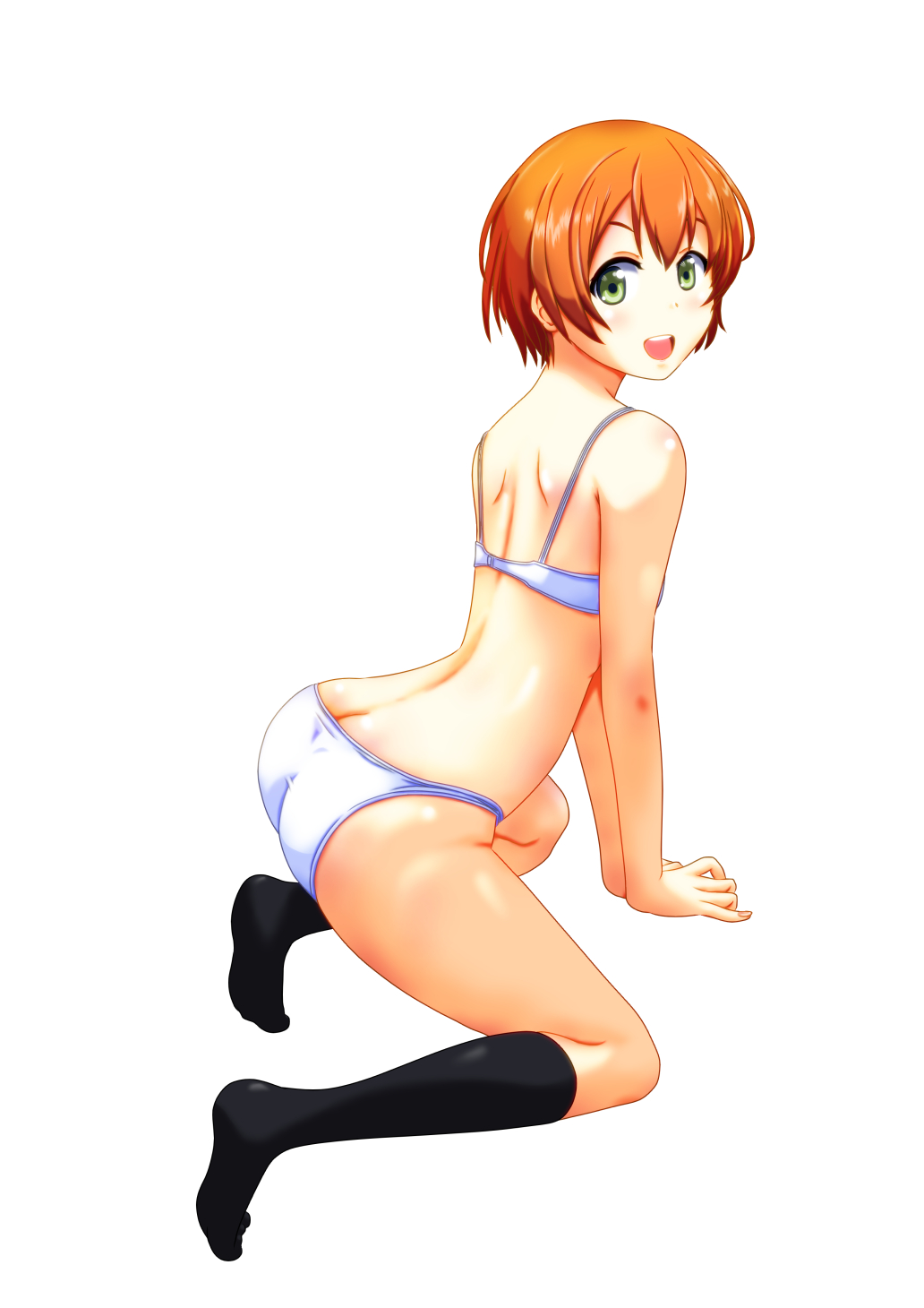 :d arched_back arm_support ass back bangs blush bra butt_crack commentary_request from_side full_body green_eyes highres hoshizora_rin jou_(circlemay) kneehighs kneeling legs looking_at_viewer looking_back love_live! love_live!_school_idol_project open_mouth orange_hair panties partial_commentary shiny shiny_skin short_hair shoulder_blades sidelocks simple_background smile solo tiptoes underwear underwear_only white_background white_bra white_panties