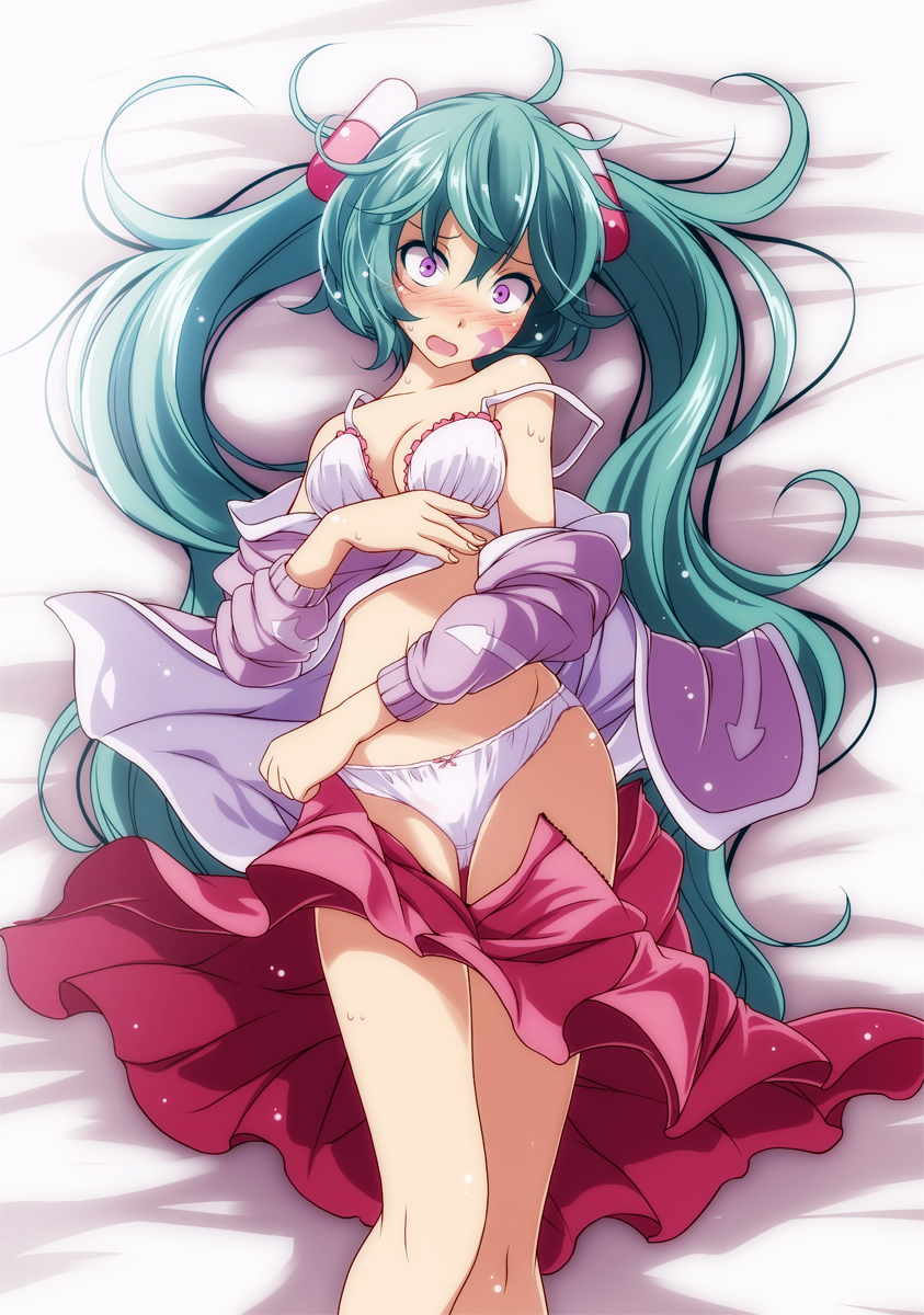 aqua_hair bed_sheet blush bow bow_panties bra breasts cardigan cleavage clothes_removed commentary_request constricted_pupils crotch_seam directional_arrow embarrassed facial_tattoo frilled_bra frills from_above frown hair_ornament hatsune_miku head_tilt highres legs long_hair long_sleeves looking_at_viewer lying medium_breasts medium_skirt navel off_shoulder on_back on_bed open_clothes open_mouth open_skirt panties print_sweater project_diva_(series) purple_eyes purple_sweater skirt skirt_pull slow_motion_(vocaloid) solo strap_slip sweatdrop sweater tattoo thigh_gap tsukishiro_saika twintails underwear very_long_hair vocaloid white_bra