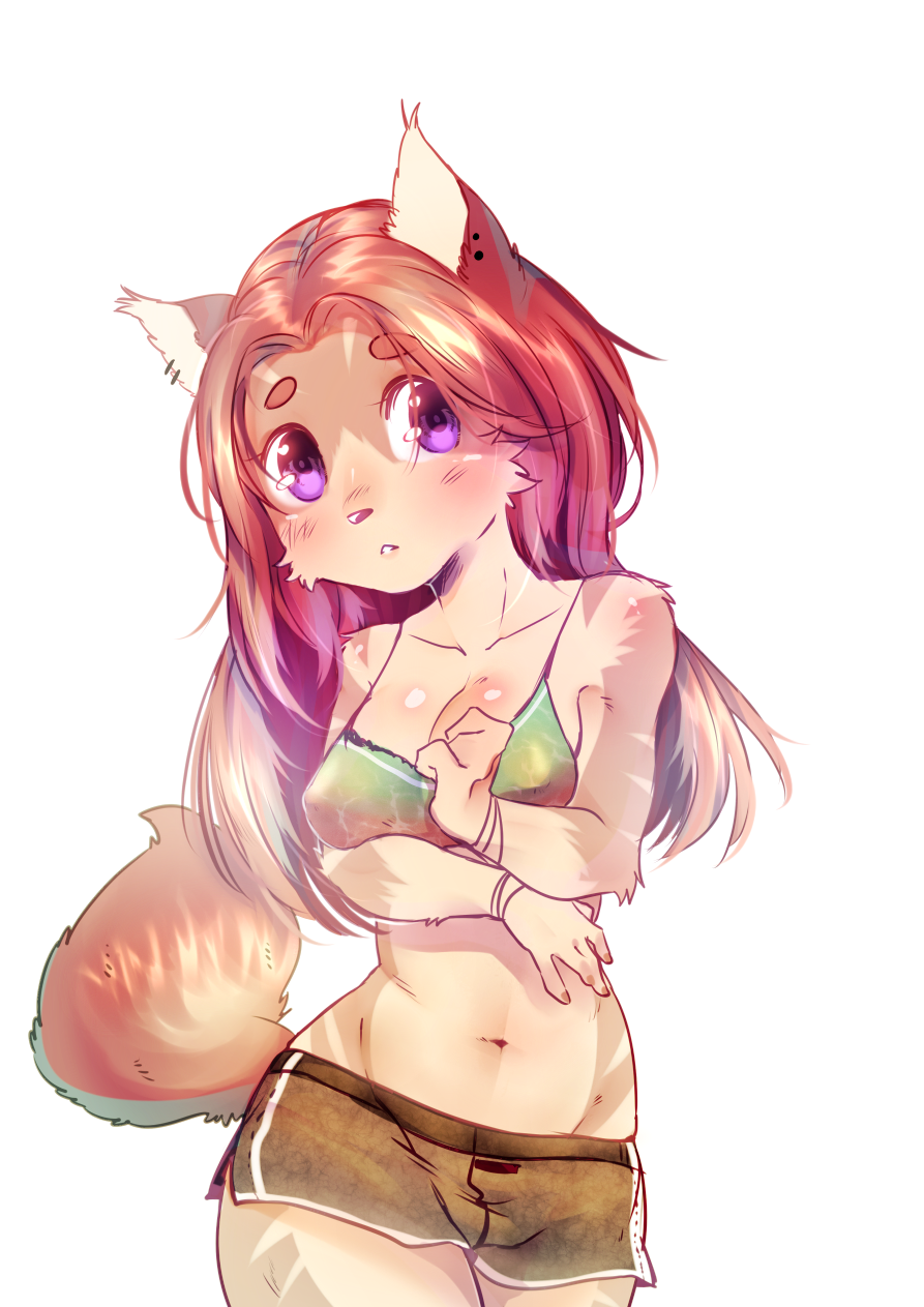 2018 anthro blush booboo34 bra breasts canine cleavage clothed clothing female hair long_hair looking_at_viewer mammal navel portrait purple_eyes red_hair shorts simple_background solo three-quarter_portrait underwear white_background