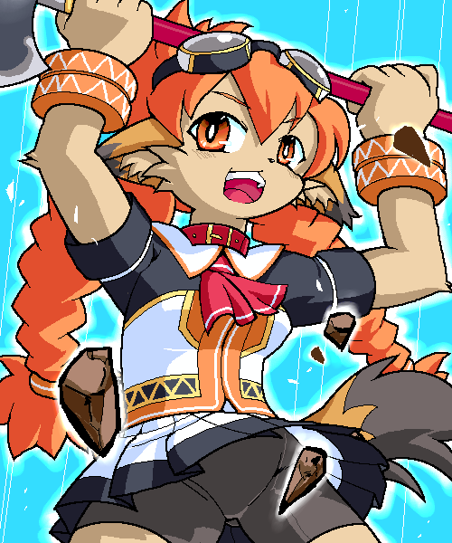 anthro breasts canine class_of_heroes clothed clothing collar dress dwarf_(coh) eyewear female fully_clothed fur g-sun goggles goggles_on_head hair mammal motion_lines open_mouth orange_eyes orange_hair simple_background tan_fur upskirt weapon