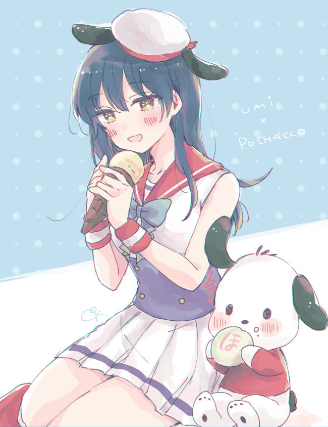 :d animal_ears artist_name baozi blue_hair blue_neckwear blush bow bowtie character_name crossover dog dog_ears double-breasted eating eyebrows_visible_through_hair food food_on_face hat holding holding_food ice_cream_cone kudo_(low_temp) long_hair love_live! love_live!_school_idol_project open_mouth pale_color pleated_skirt pochacco polka_dot polka_dot_background red_sailor_collar sailor_collar sanrio school_uniform serafuku sitting skirt smile sonoda_umi white_skirt yellow_eyes