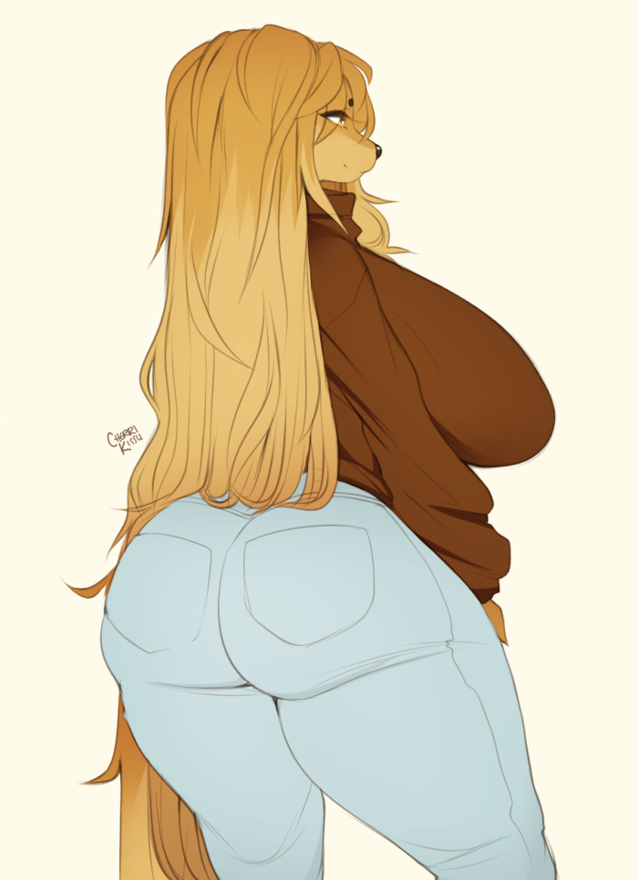 2018 anthro big_breasts big_butt big_thighs breasts butt canine cherrikissu clothed clothing digital_media_(artwork) dog dogmom female fully_clothed hair huge_breasts long_hair mammal portrait rear_view saluki signature simple_background solo three-quarter_portrait white_background