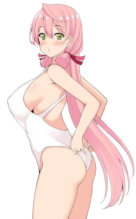 ahoge akashi_(kantai_collection) ass blush breasts commentary_request cowboy_shot from_side green_eyes hair_ribbon kantai_collection kusano_(torisukerabasu) large_breasts long_hair looking_at_viewer looking_to_the_side parted_lips pink_hair ribbon simple_background solo standing tress_ribbon white_background