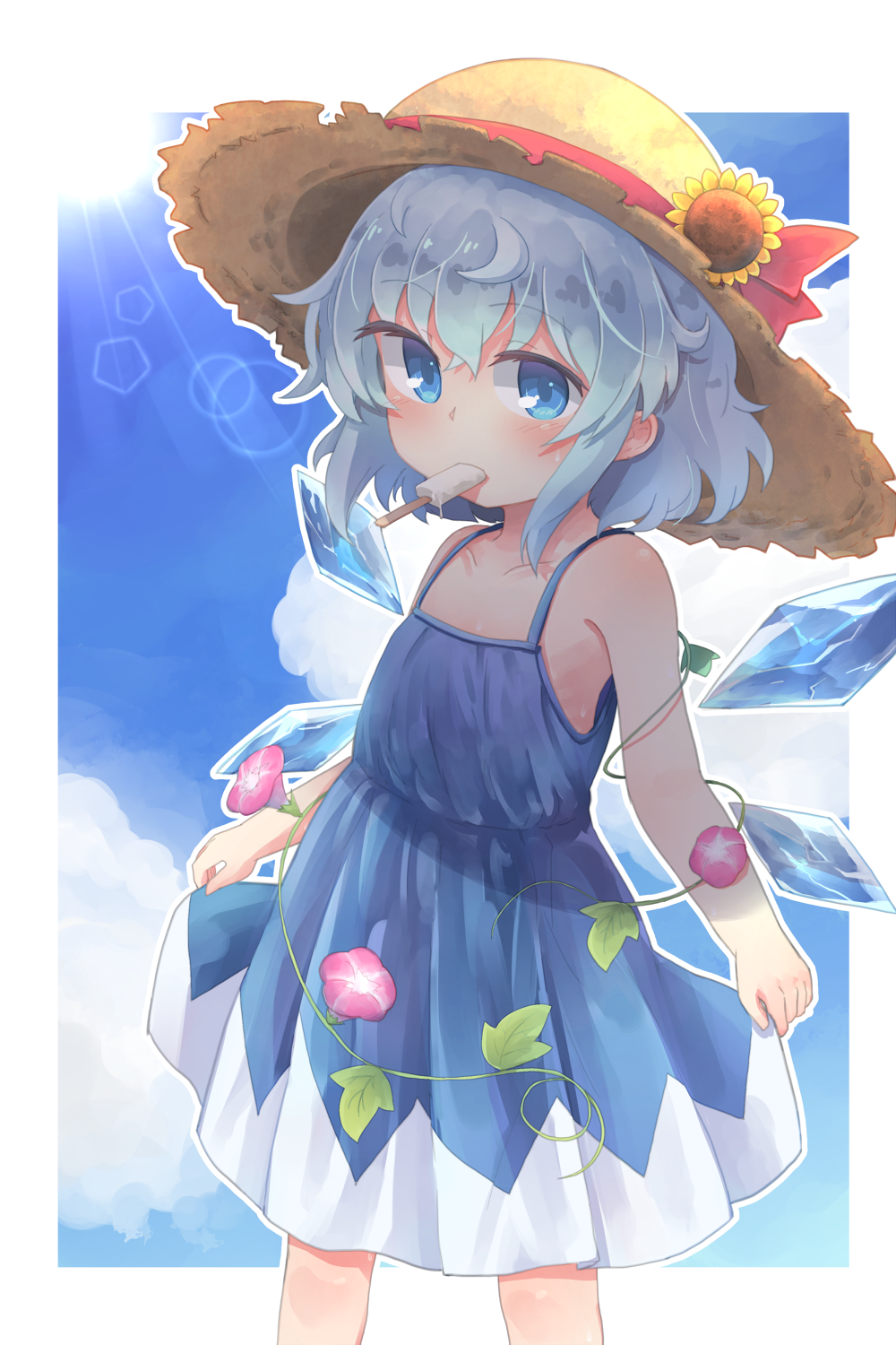 adapted_costume bare_arms bare_shoulders blue_dress blue_eyes blue_hair blue_sky blush cirno cloud collarbone day dress eyebrows_visible_through_hair flat_chest flower food hat hat_flower hat_ribbon highres ice ice_cream ice_wings kibisake lens_flare melting morning_glory mouth_hold outline outside_border red_ribbon ribbon short_hair skirt_hold sky sleeveless sleeveless_dress solo standing straw_hat sun sun_hat sunflower sweat tanned_cirno touhou wings